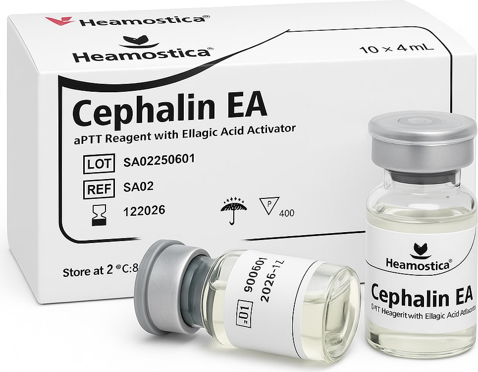 Hemostica Cephalin EA aPTT reagent carton with two reagent vials