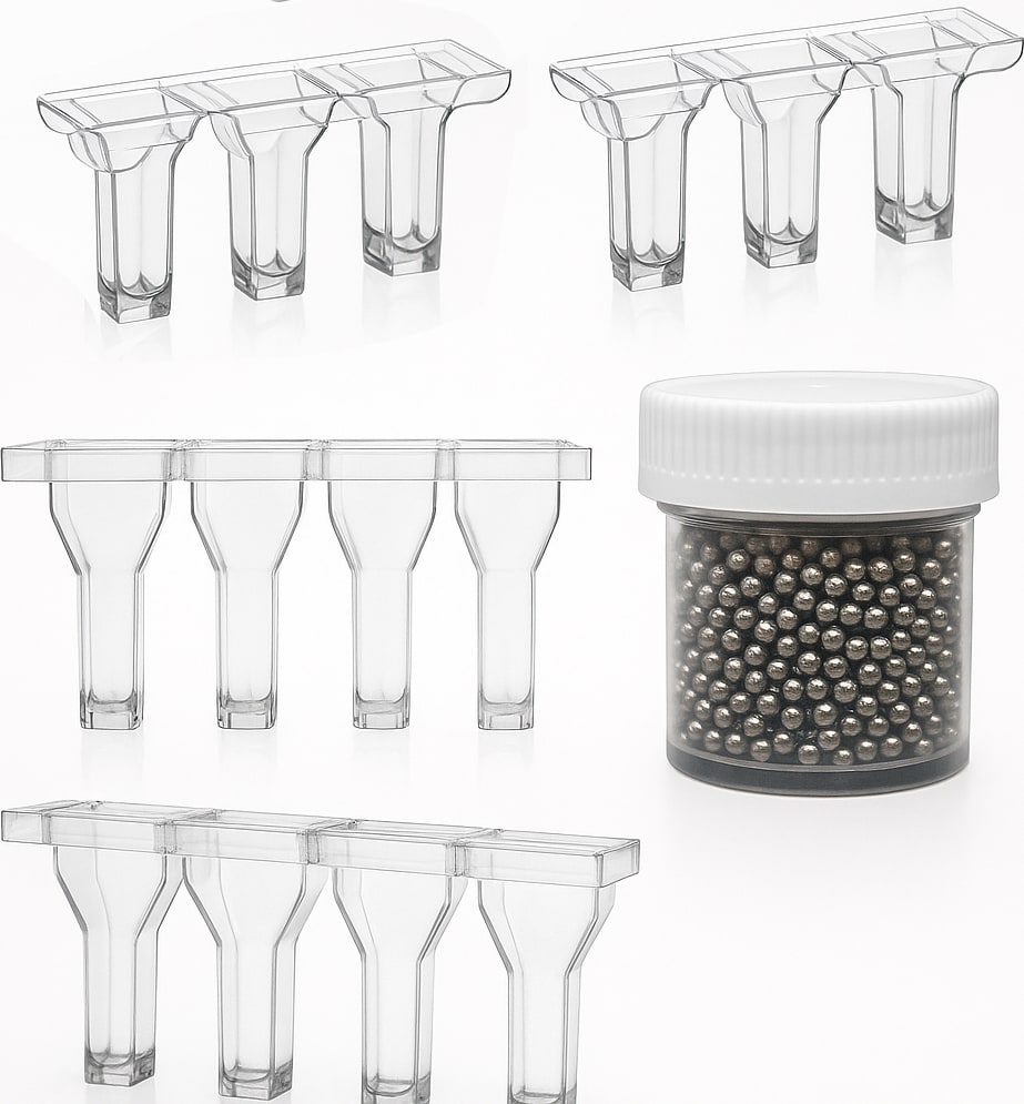 Coagulation analyzer cuvette strips and a container of stirring components