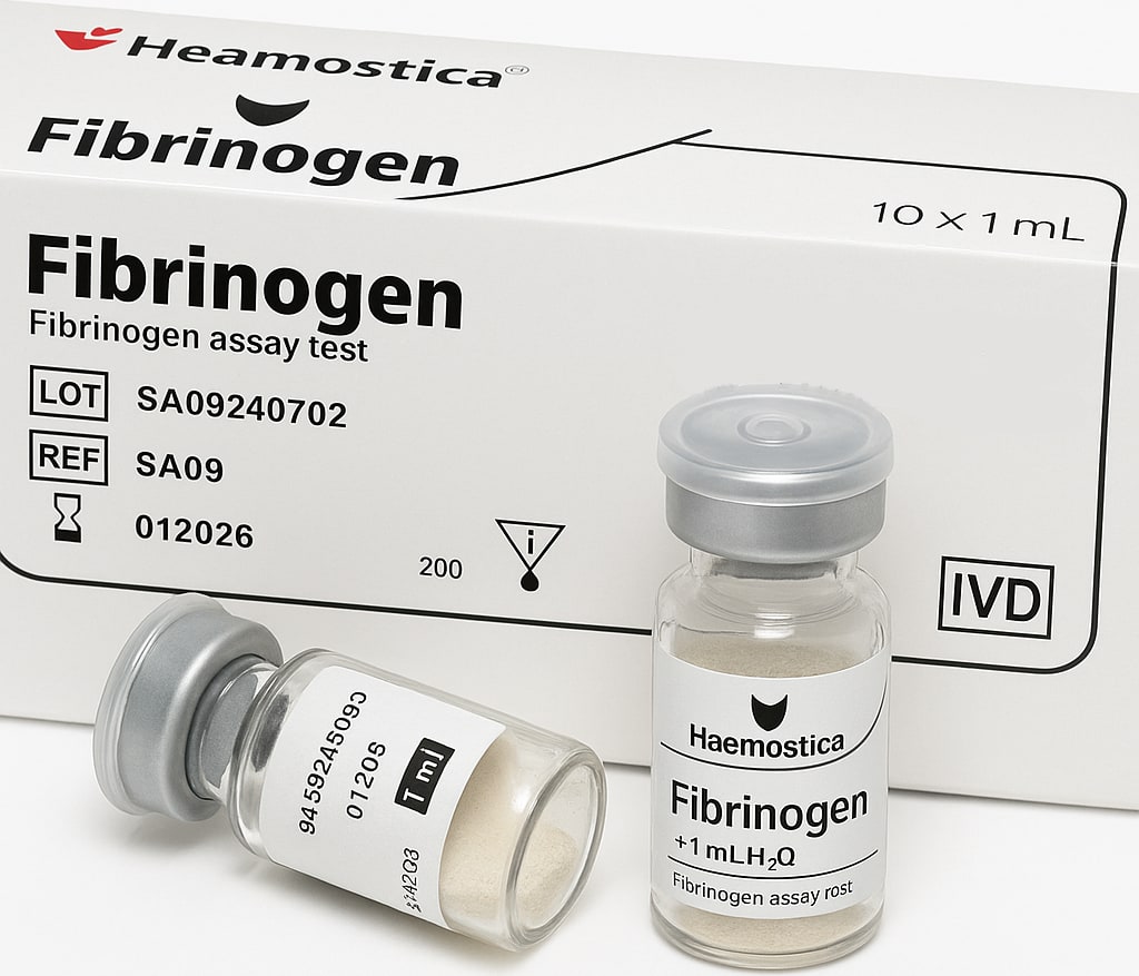 Hemostica Fibrinogen assay reagent carton with two reagent vials
