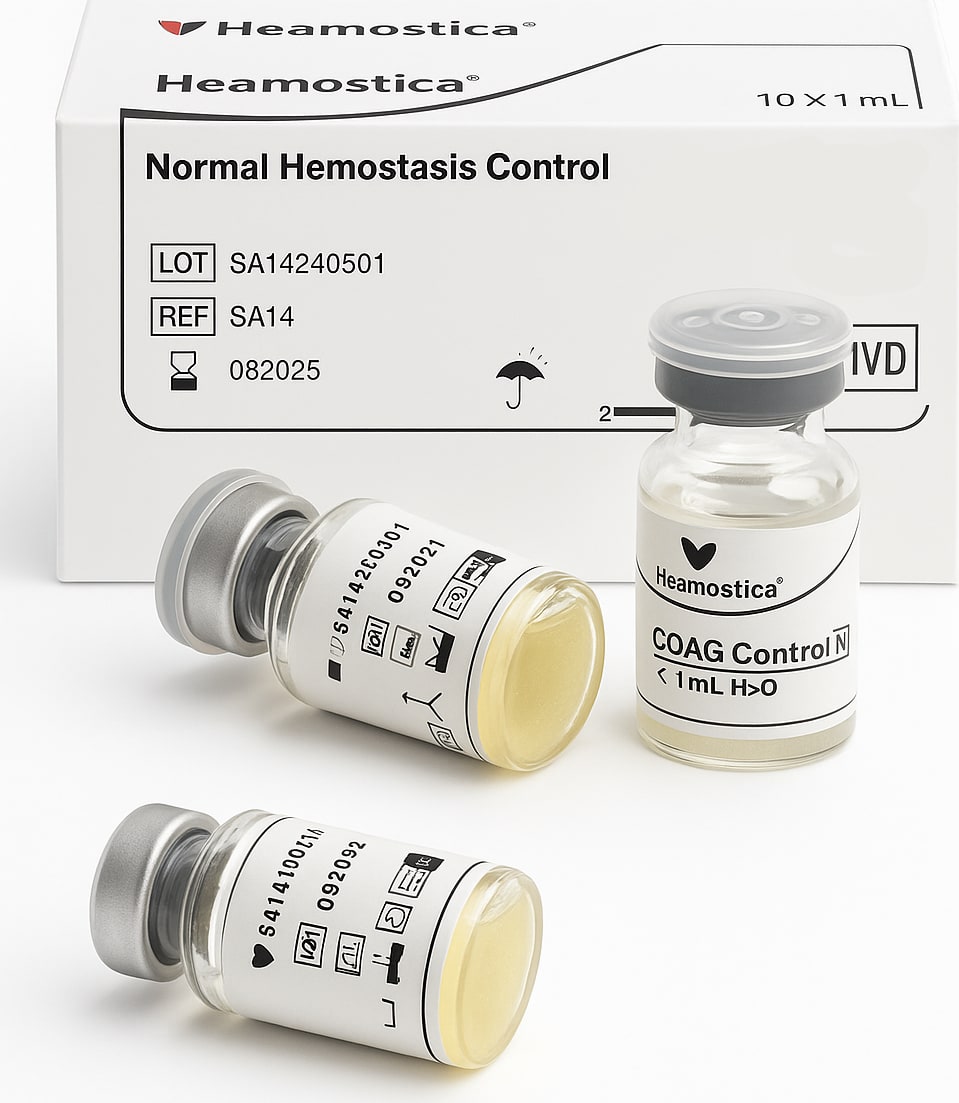 Hemostica Normal Hemostasis Control carton with three control plasma vials
