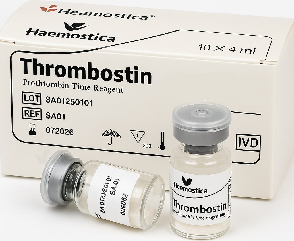 Hemostica Thrombostin prothrombin time reagent carton with two reagent vials